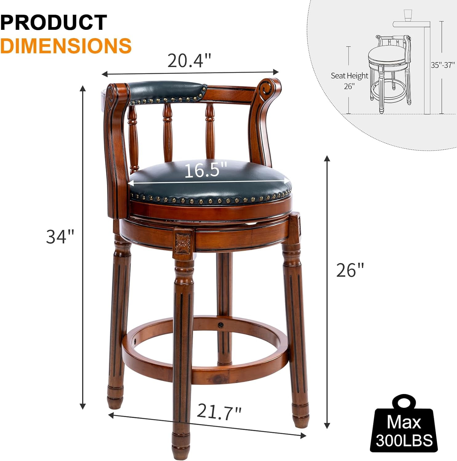 Aulife 2pcs Bar Stools Genuine Leather Counter Height barstool Wooden Swivel kitchen Stool with Footrest for Kitchen Dining Room