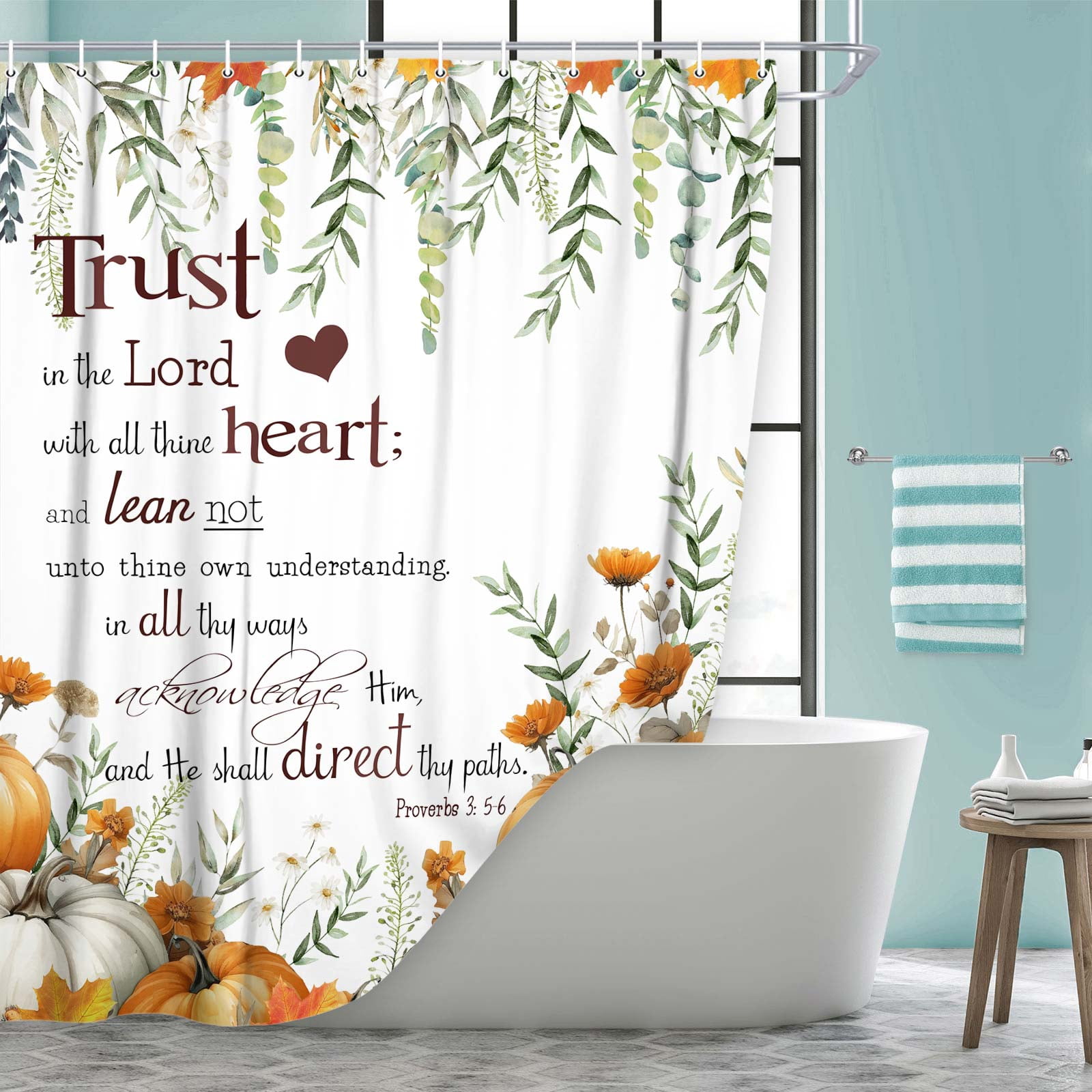 Fall Shower Curtain, Autumn Pumpkins Bible Verse Inspirational Bathroom Curtain Sets,Fall Farmhouse Home Bathtub Thanksgiving Decor with 12PCS Hooks,69X70 in
