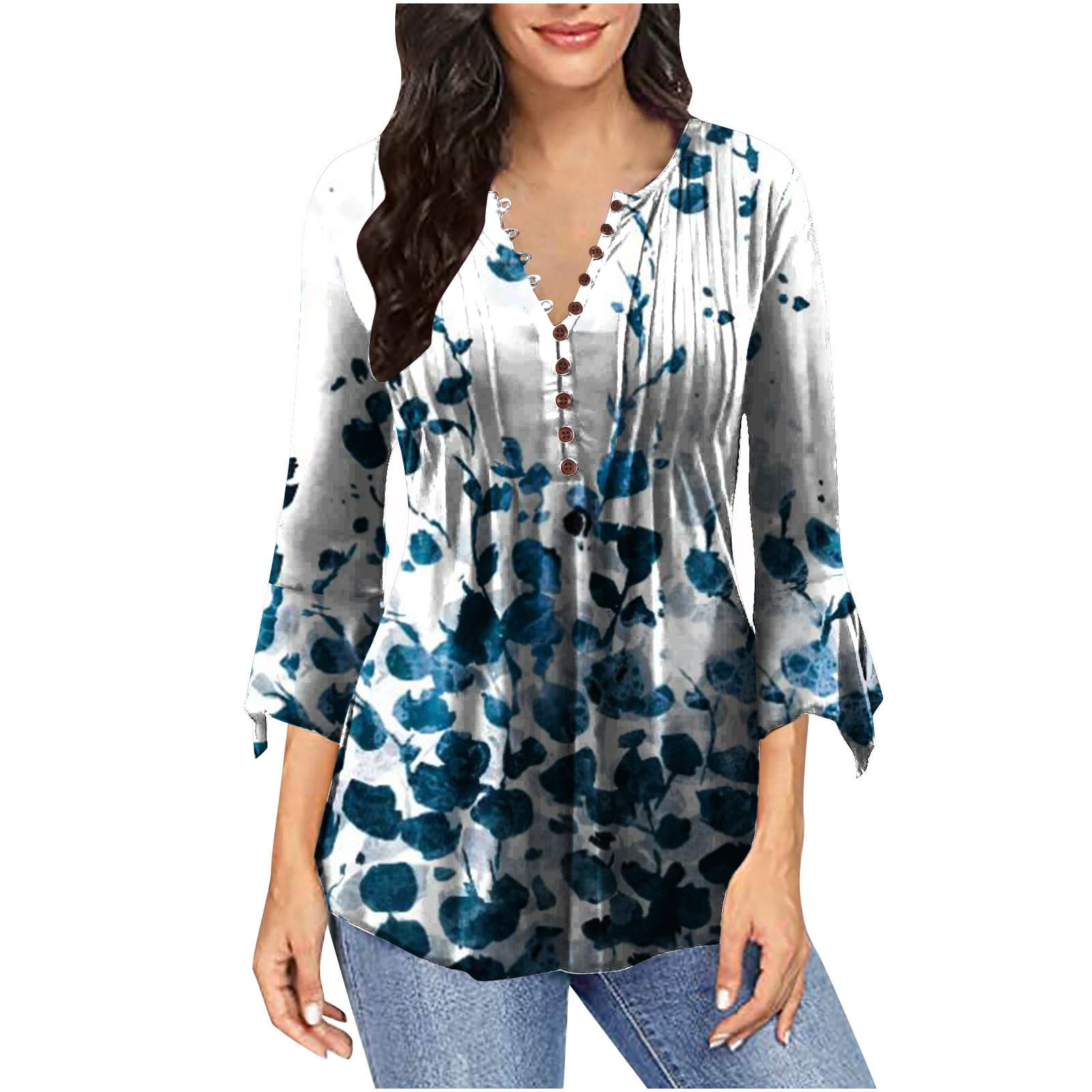 IEPOFG Women Button-Down Shirt Loose Flowy Blouse Hide Belly For Legging  Pleated Henley Shirt Ruffle Sleeve Cute Tees Dressy at  Women's  Clothing store