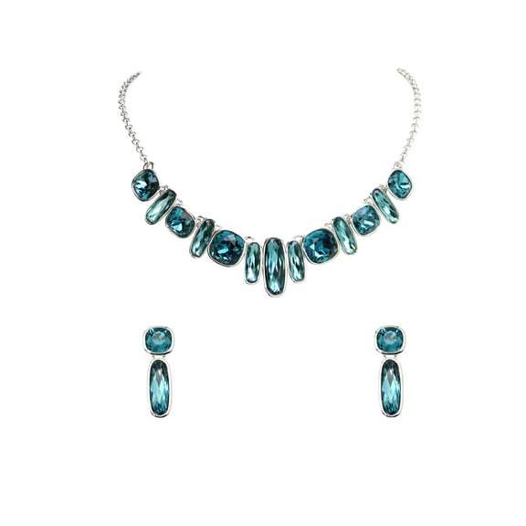 Faship Gorgeous Teal Rectangle Square Rhinestone Crystal Floral Statement Necklace Earrings Set