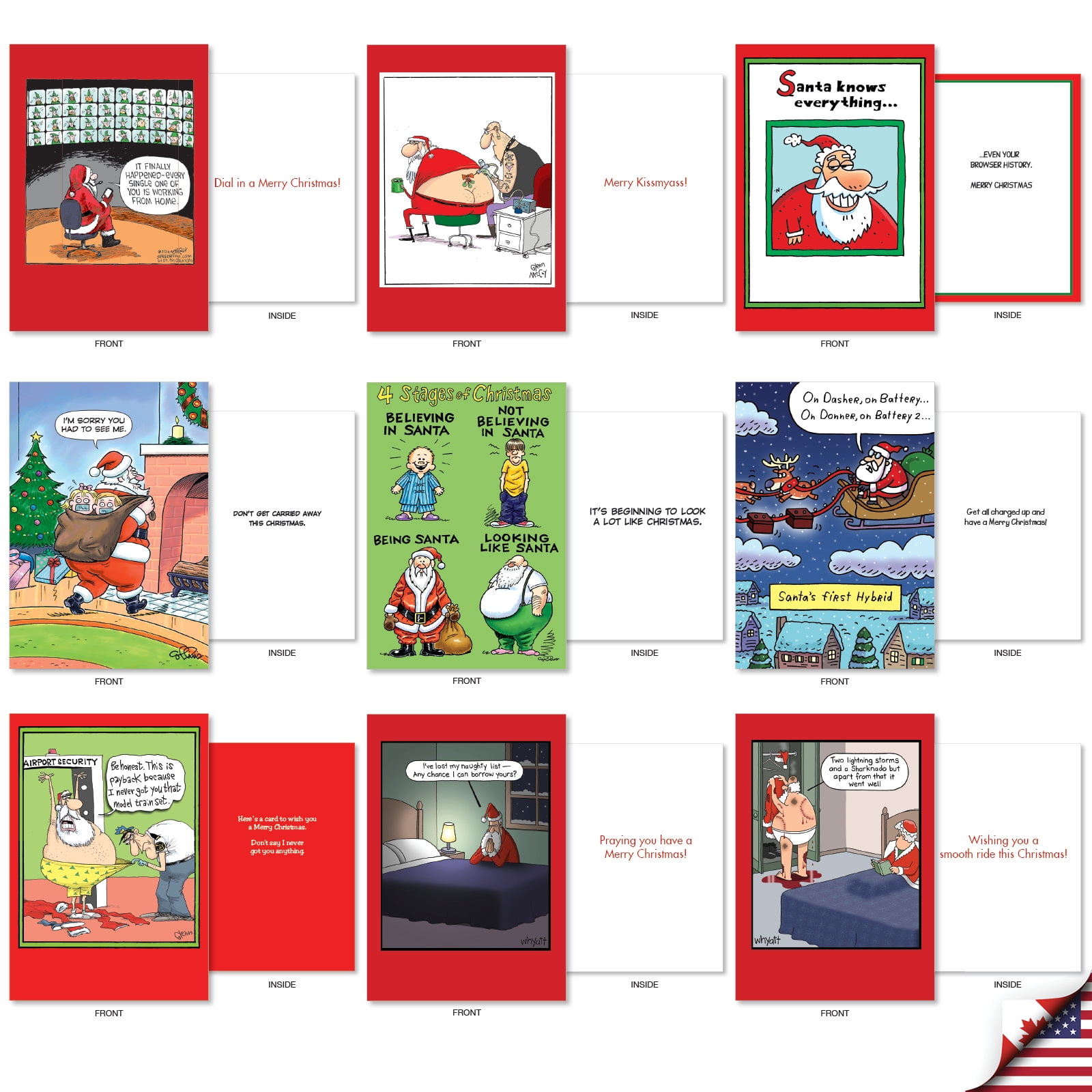 NobleWorks 36 Assorted Box Set Funny Christmas Greeting Cards w/5 x 7 Inch Envelopes (36 Designs, 1 Each) Santa Laughs AC10020XSG-B1x36