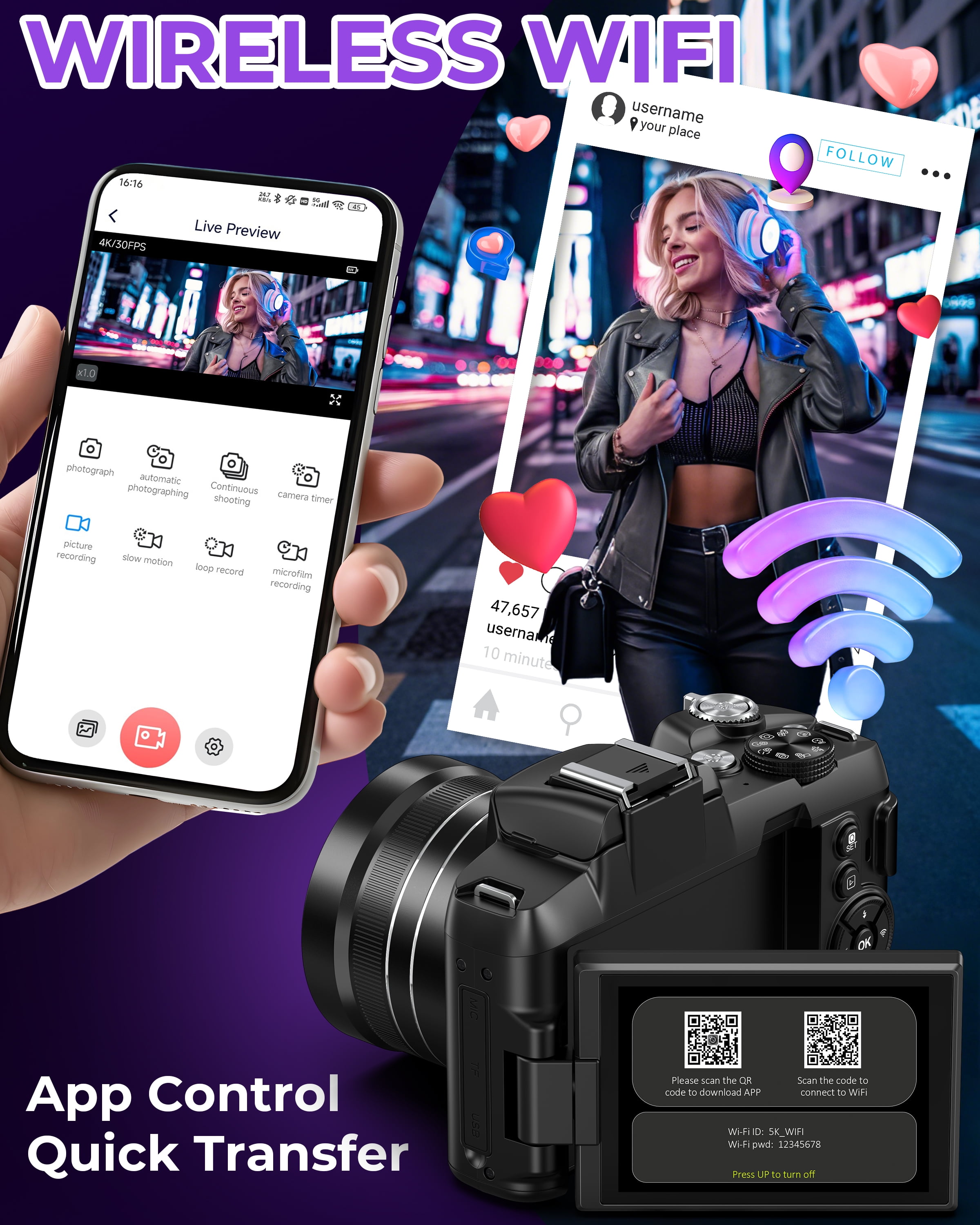 MARVUE Digital Camera 5K UHD 80MP WiFi Vlogging Camera Photography 3’’270 Flip Screen Autofocus with 32GB TF Card