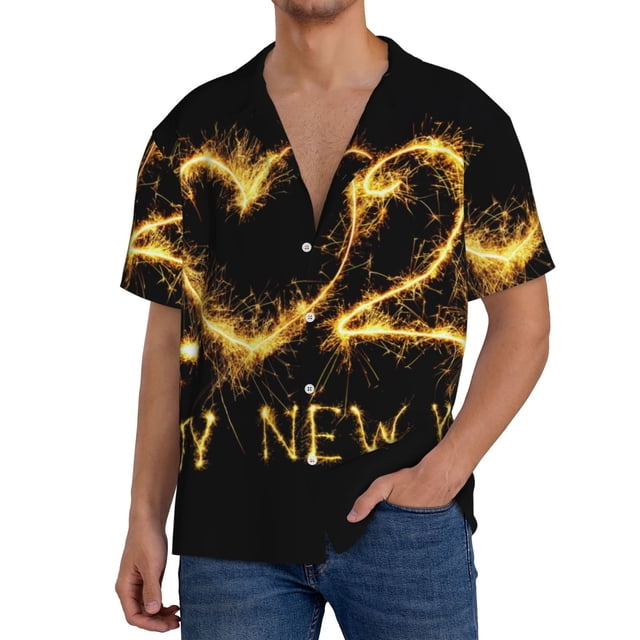 Balery Happy New Year 2025 D Camisa Casual de Manga Corta con Botones para Hombre, Texturizada, Estilo Cubano, para Playa, Verano-X-Large