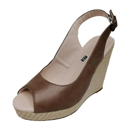 

GWAABD Slides Sandals for Women s Fish Mouth Back Hollow Shallow Straw Wedge Heel foreign Trade Low Top PU Fashion Sandals