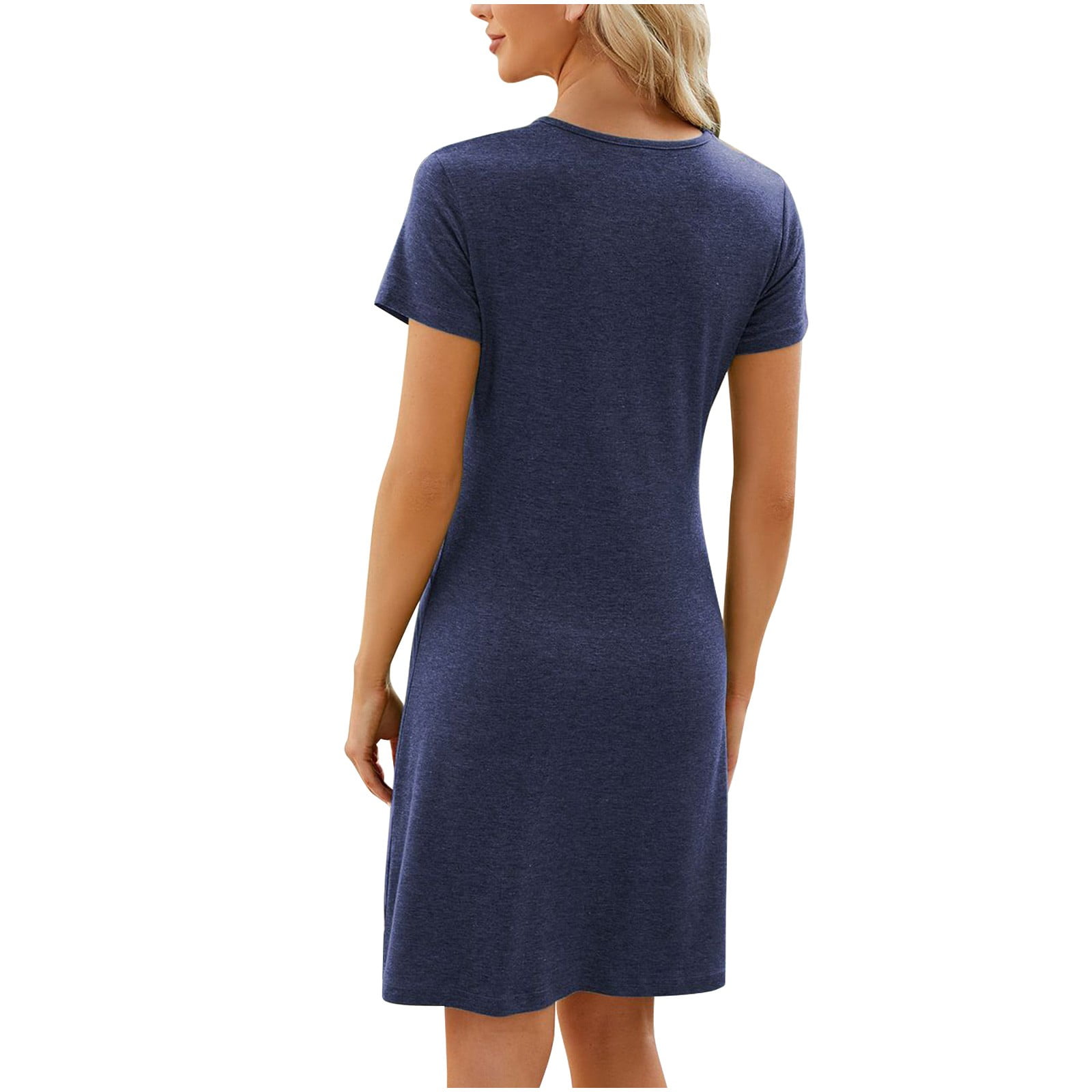 ATOYSOY Women's Round Neck Mini Loose Dress Pleated Cotton Lined Elegant Casual Relaxed Slim Retro Short Sleeve Trendy Beach Sundress Workout Dress for Girls Blue
