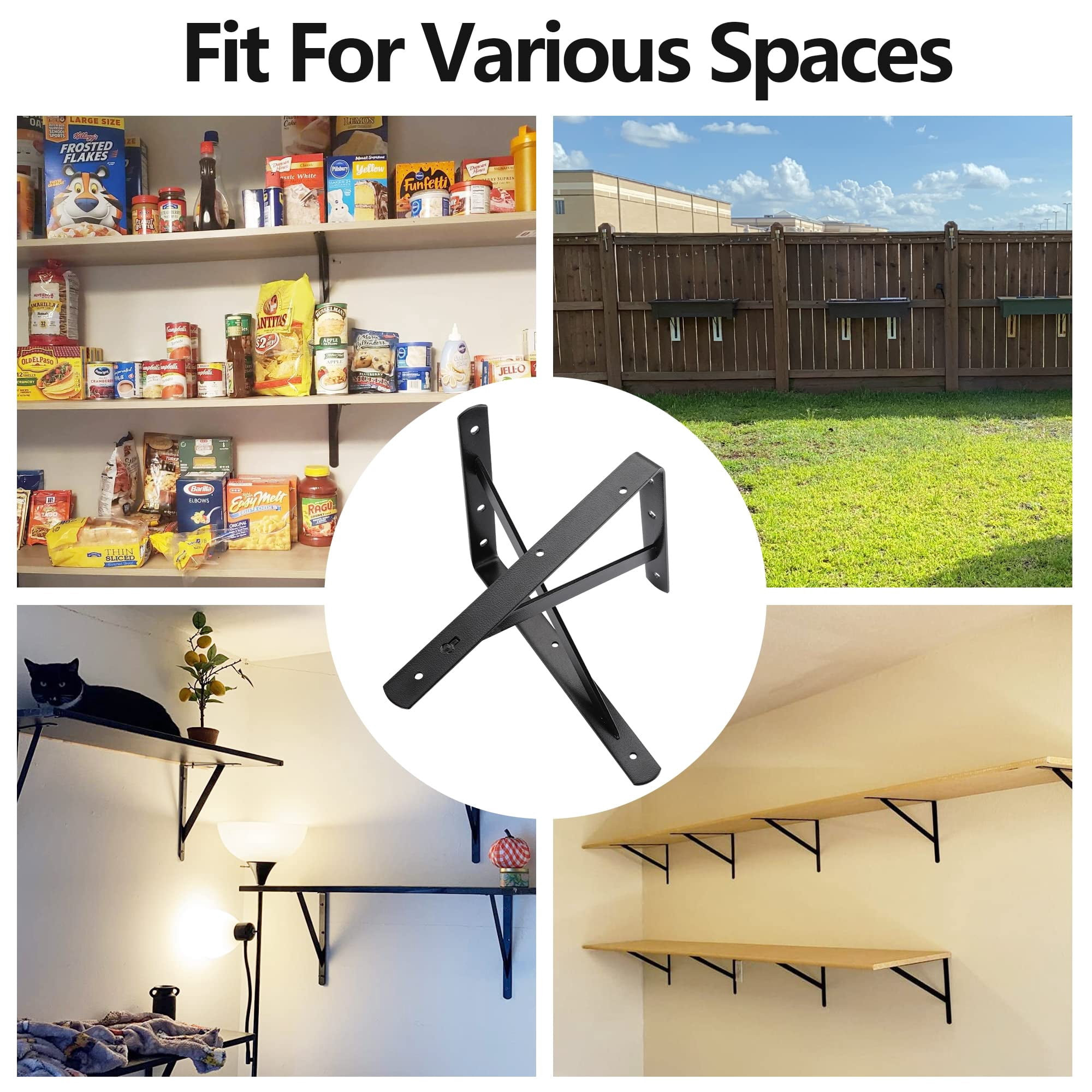 Heavy Duty Shelf Brackets 12 X 8 Inches  6 Pack Black Metal Shelves Supports Load Capacity: 600 Lb Wall Mounted Angle L Floating Bracket Rough Texture Powder Coating