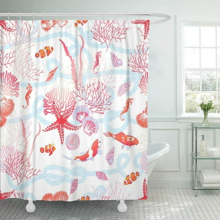 KSADK Watercolor Sea with Fishes Red Star Shells Seahorse Algae Blue Marine Rope Journey Shower Curtain 66x72