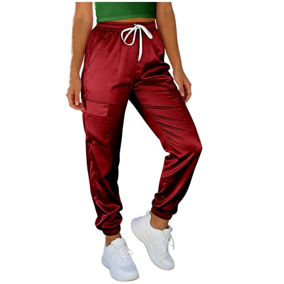 Women's Lightweight Cargo Jogger Pants Satin Silk Breathable Drawstring Ankle Trousers for Casual Outdoor Sports