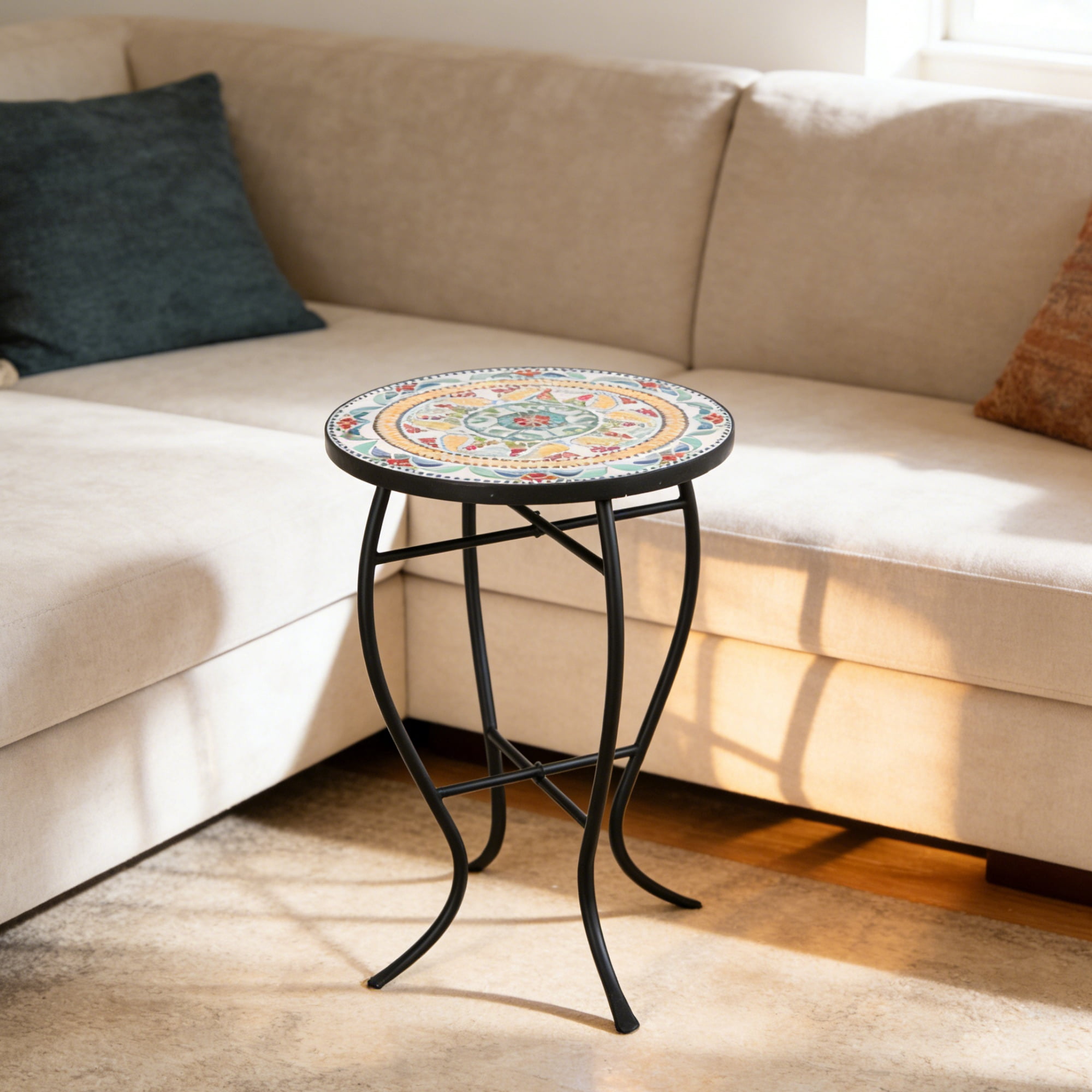 Outdoor Side Table, Accent Table, Tile Mosaic Table with Curved Metal Frame and Ceramic Tile Top for Patio Garden Balcony, 14 Inch, Black