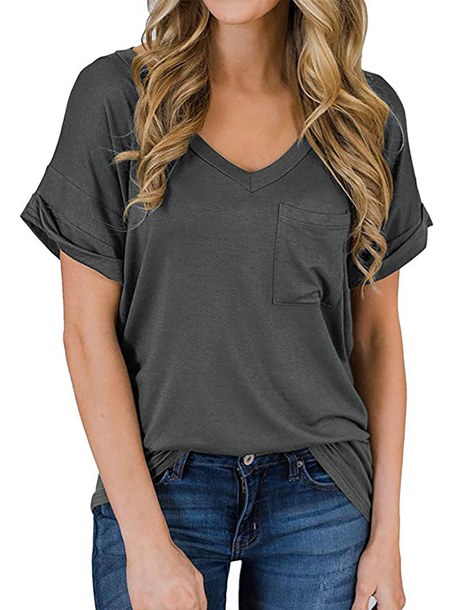 Tunics Tops for Women,Womens Short Sleeve V-Neck Shirts Casual Pocket Solid Loose Tee Tops Summer T-Shirt Blouse Tops 