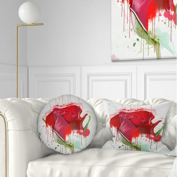 Designart Colorful Red Rose Sketch Watercolor - Floral Throw Pillow - 12x20
