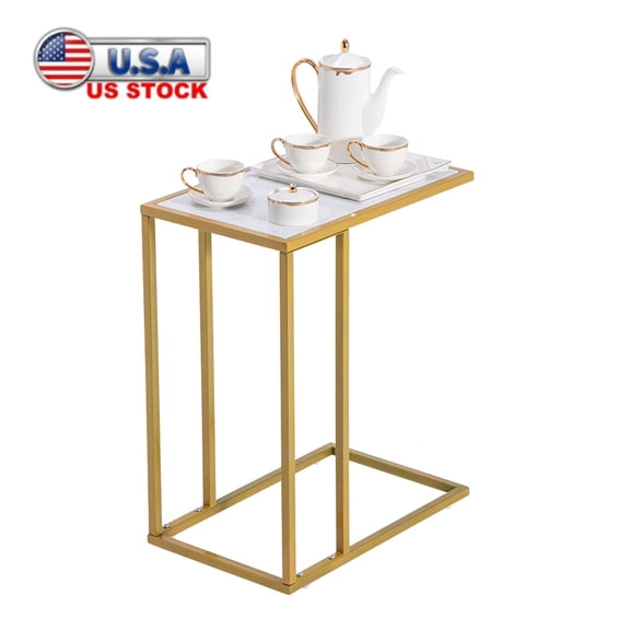 Tcbosik C-Shaped End Table, Small Side Table for Couch, Nightstand with Faux Marble Top and Gold Metal Legs for Living Room, Bedroom, White