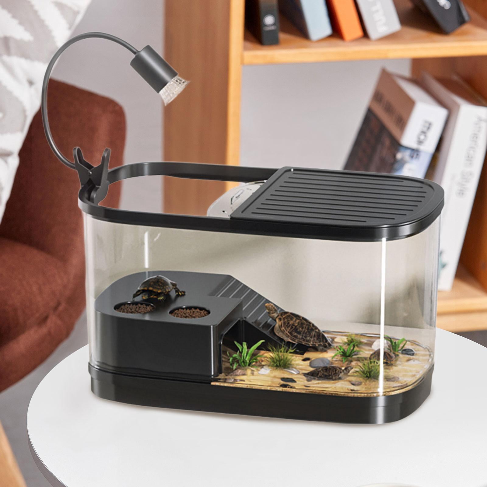 oshhni Turtle Tank with Covers with Platform for Bearded Dragon Terrapin Amphibians Black Medium
