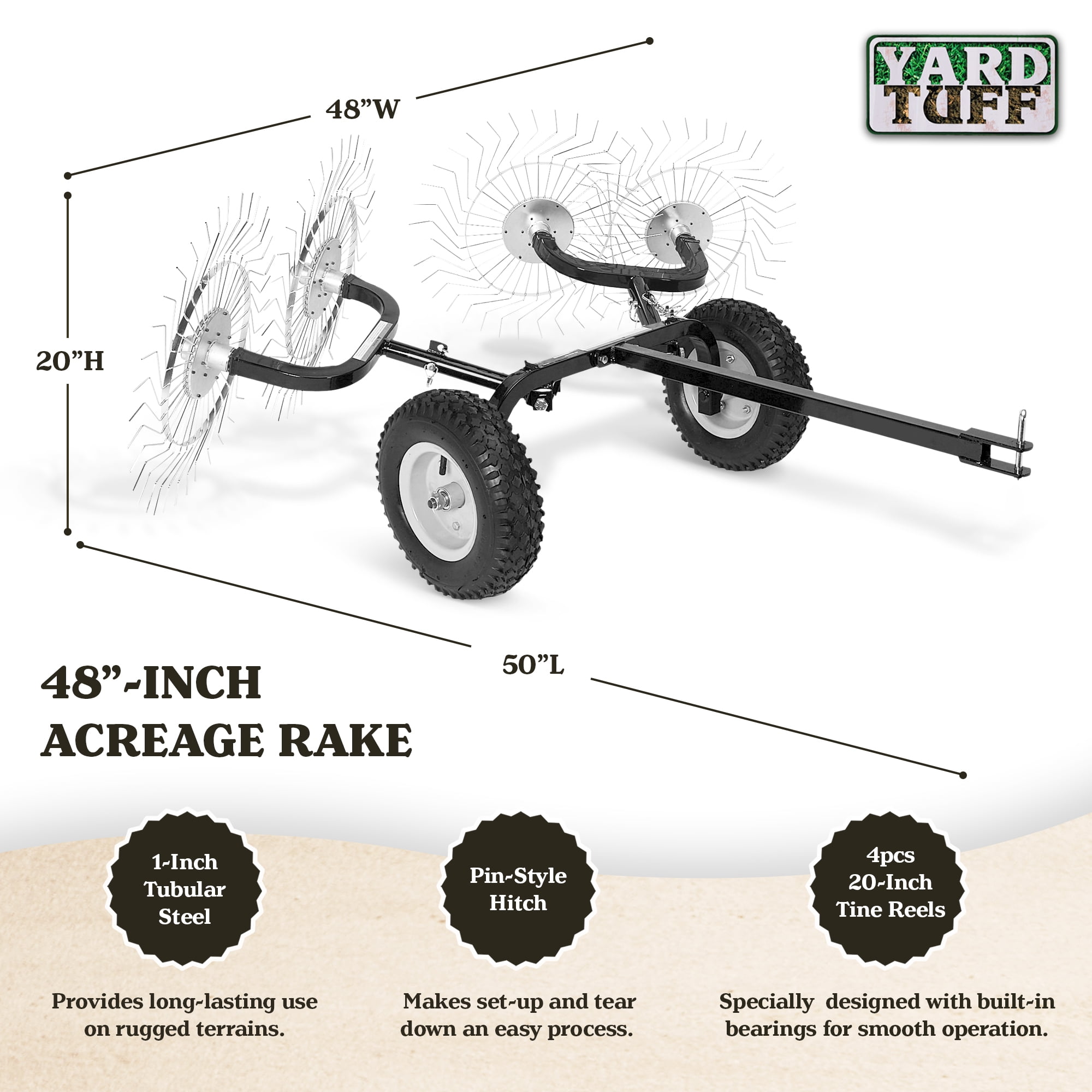 Yard Tuff Acreage Rake, 4 Tine Steel Tow Behind Dethatcher, 48 Inch