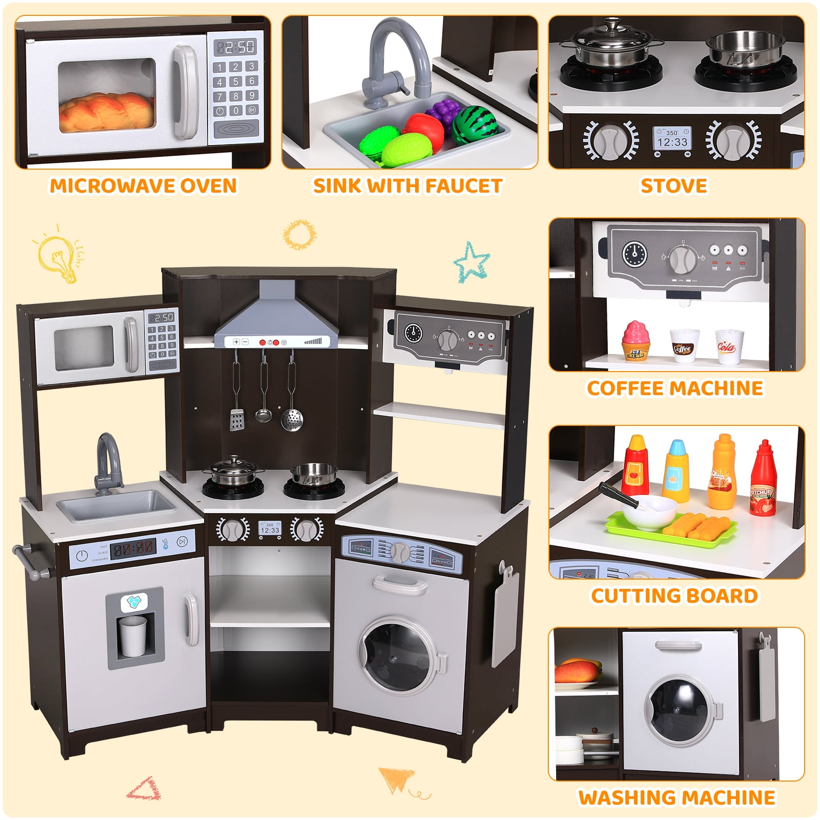 LAZY BUDDY Wooden Kids Corner Play Kitchen, Toodler Kitchen Playset Pretend Cooking Toy with 9 Accessories