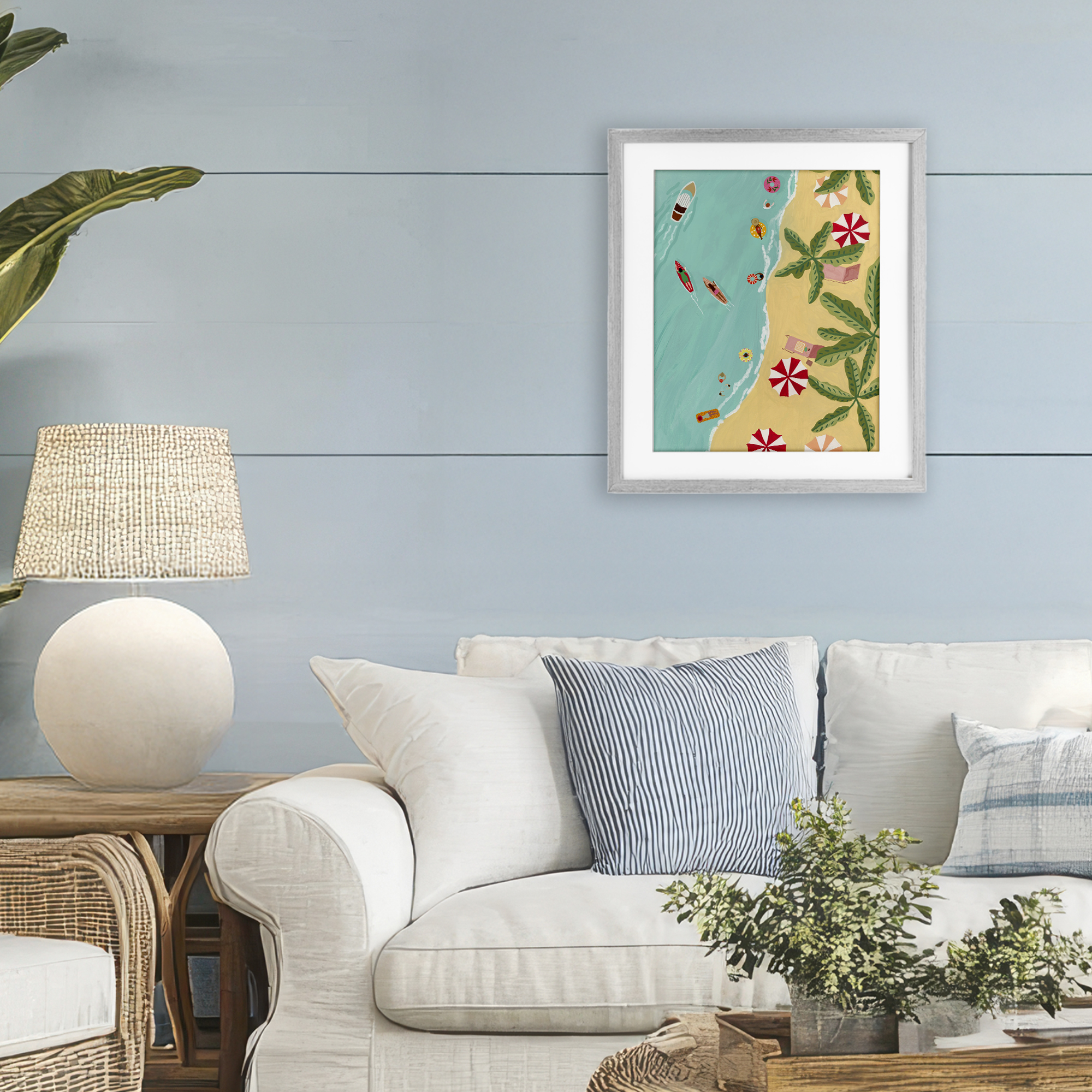 Busy Beach Day Hangout Gray Framed Print Under Glass, design by Nabeela Rumi