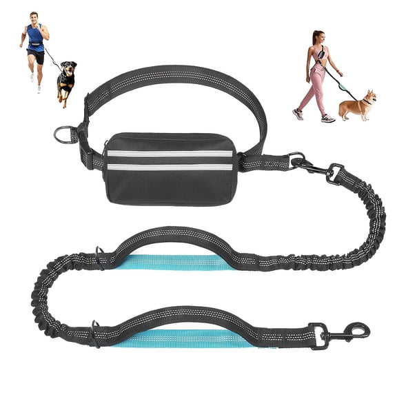 Black Hands Free Dog Leash with Waist Bag, 27"-48" Adjustable Reflective Dog Leash with Removable Zipper Pouch 6.8"x4", Multi-Purpose Pet Waist Belt with D-Ring for Walking Running Training