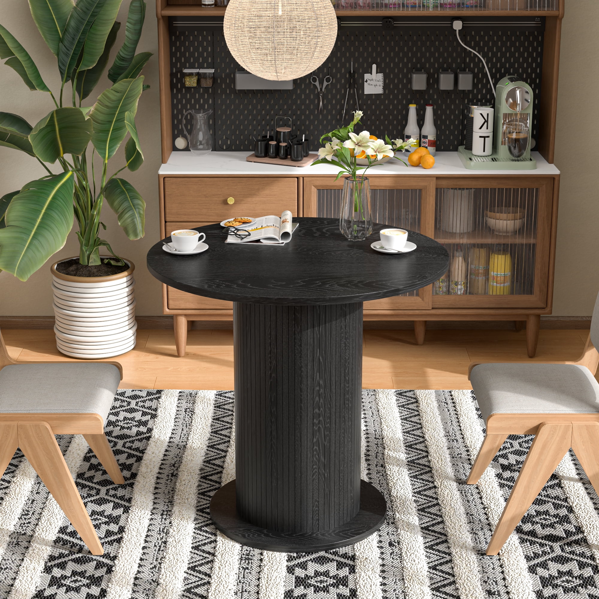 Modern Farmhouse Round Dining Table, Wood Kitchen Table for 2, Small Circle Dining Tables, Black