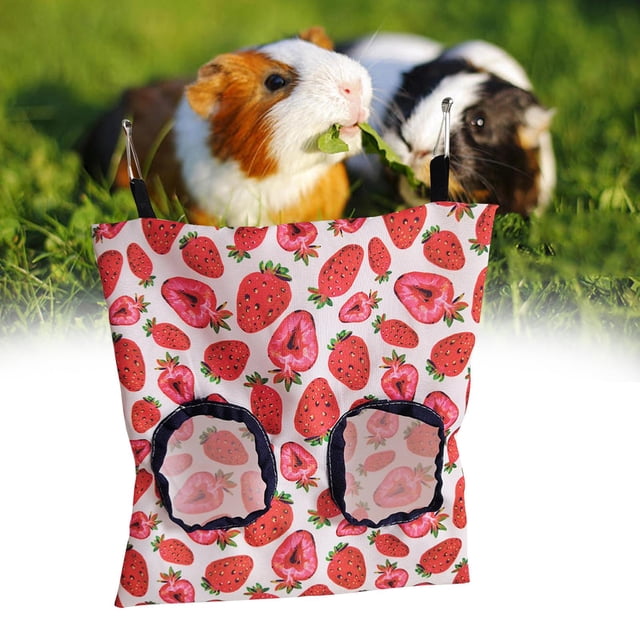 Alimentador de conejos para mascotas, bolsas de colgantes, superficie impermeable, tela Oxford con 2 hebillas de Metal, reutilizables y duraderas Fresa Talla S Colco Comedero de heno para conejos