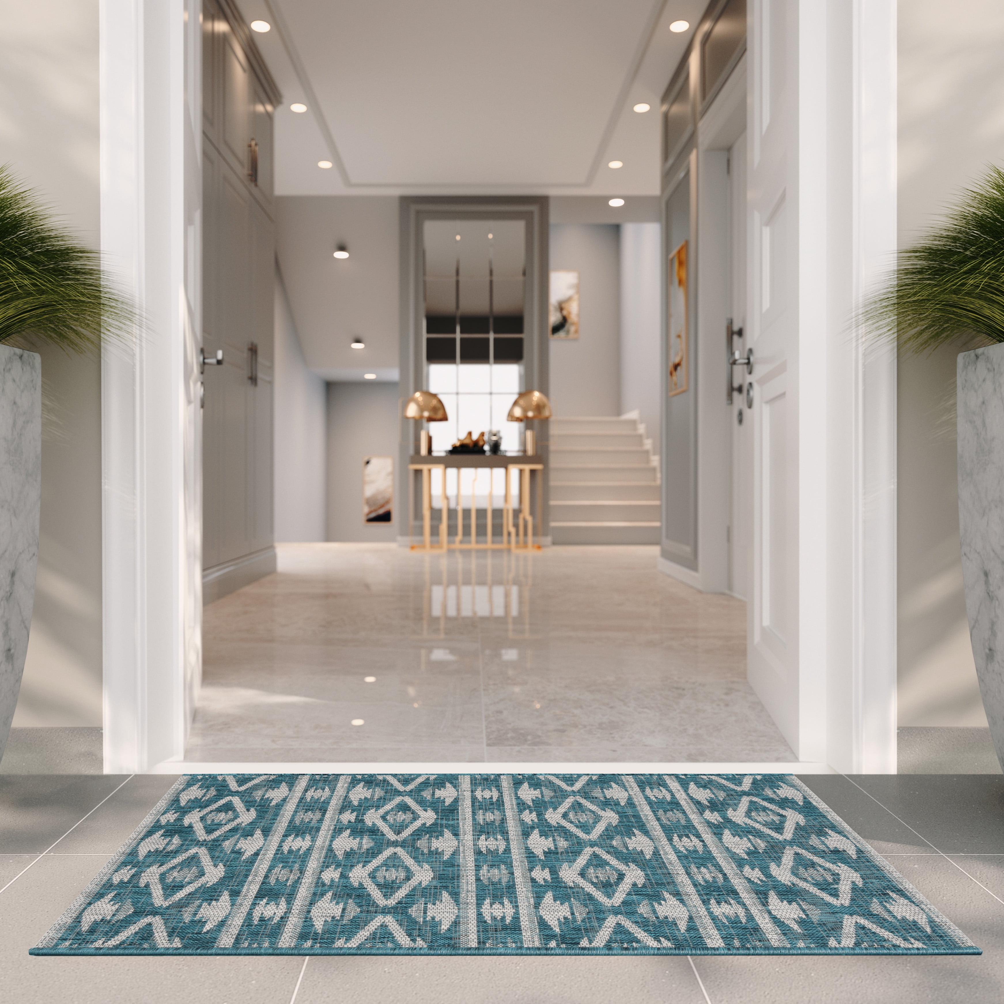 SAFAVIEH Courtyard April Southwestern Indoor/Outdoor Area Rug, 6'7" x 6'7" Square, Teal/Grey