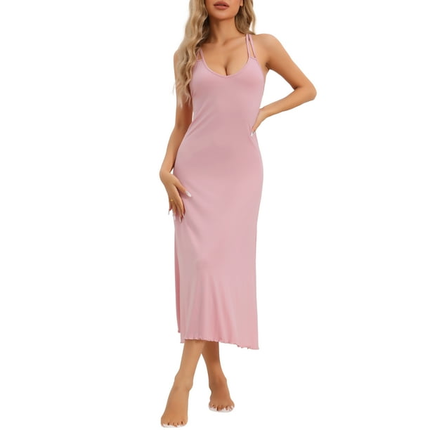 Vestido de pijama para mujer Inspire Chic con tirantes de espagueti, escote redondo, espalda cruzada, camisón largo en color rosa