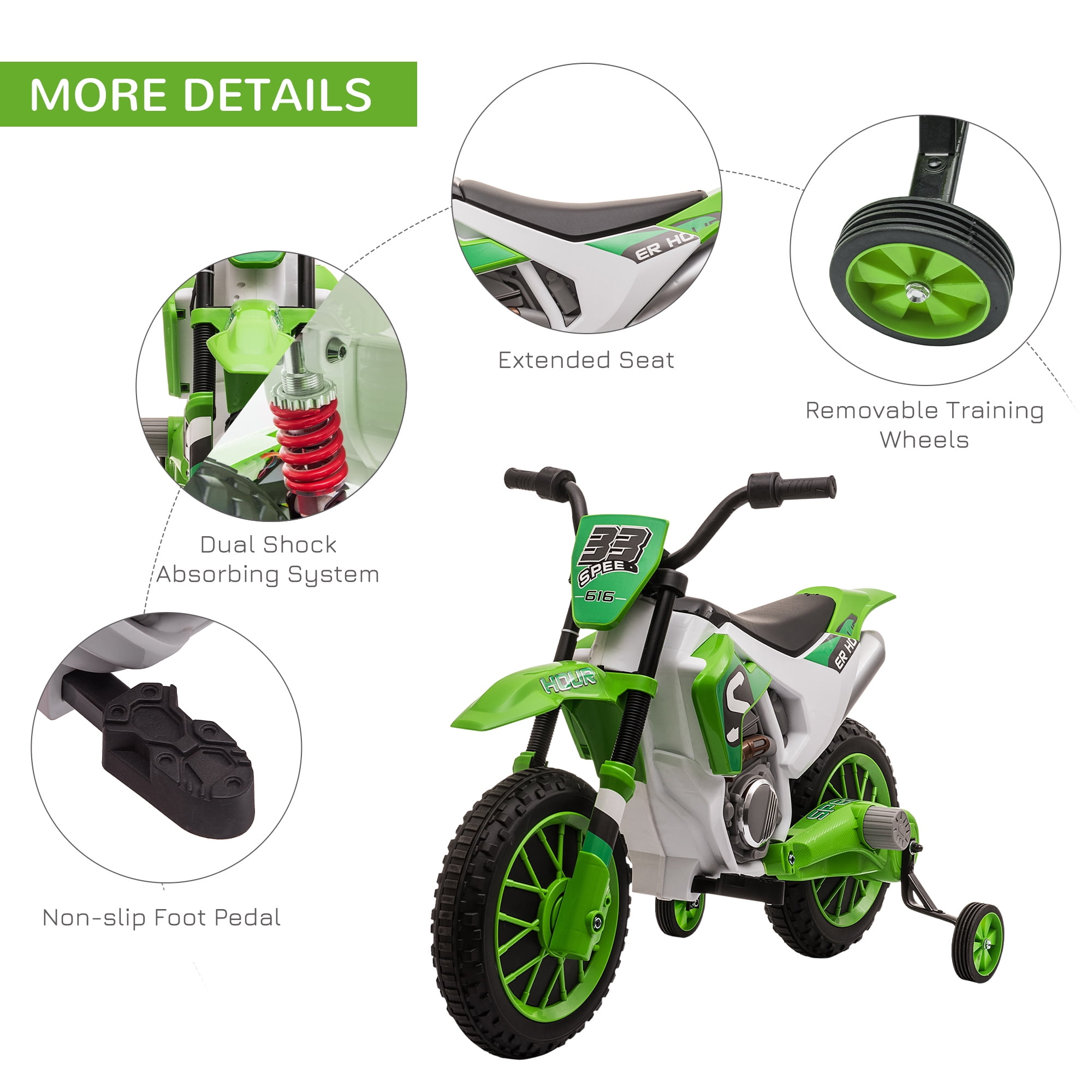 Aosom Kids Dirt Bike Battery Powered Ride On Electric Motorcycle with Charging 12V Battery Training Wheels Green