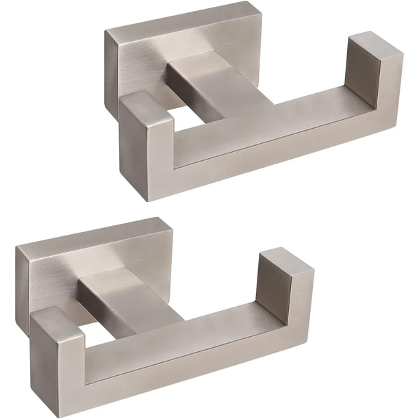 Gancho doble para toalla de baño, soporte cuadrado de acero inoxidable SUS304, gancho doble resistente a la corrosión para baño, sala de estar, cocina, montaje en pared, paquete de 2 (cepillado)