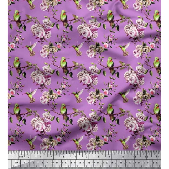 Soimoi Cotton Cambric Fabric Hummingbird,Leaves & Rose Floral Print Fabric by the Yard 56 Inch Wide