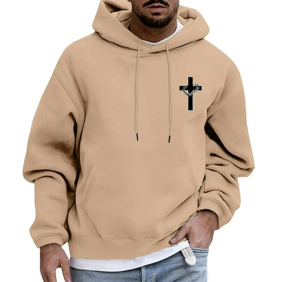 Essentials Hoodie for Men Cross Graphic Hooded Jesus Inspirational Religious Faith Mens Warm Clothing,Khaki,M