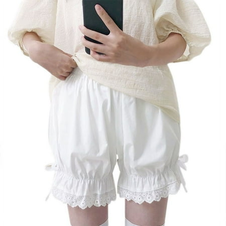 OOKWE Women Girls Vintage Lolita Bloomers Loose Pumpkin Pants Ruffled Lace Hem Sweet Bow Gothic Elastic Waist Security Shorts