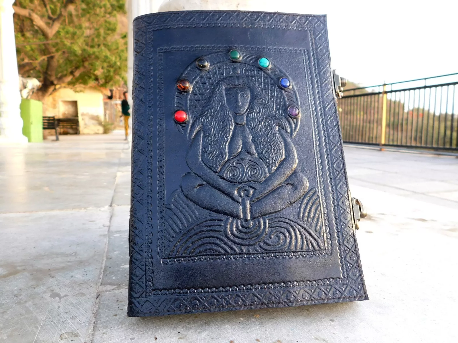 Handcrafted Embossed Vintage Design Leather Bound Journal Diary 7 Stone Grimoire Spell Blank Notebook For Men & Women