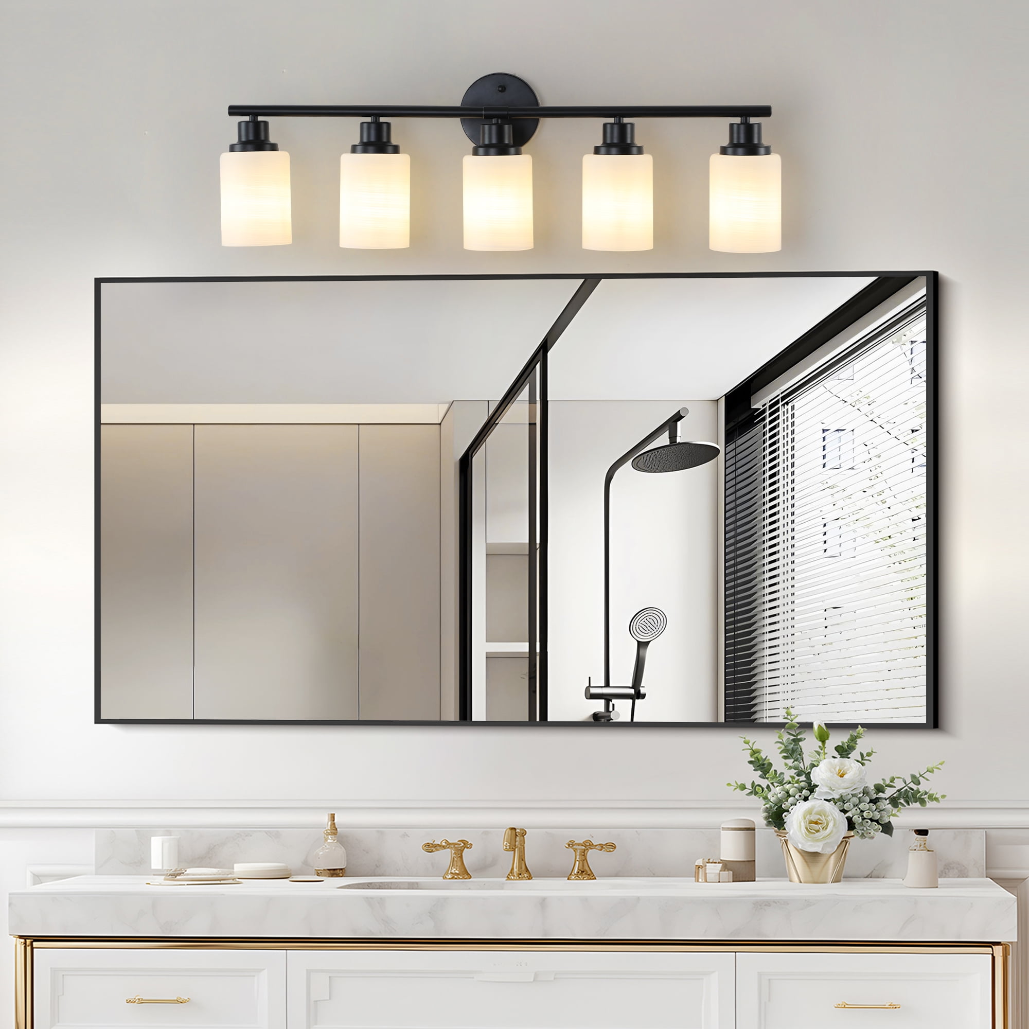 31" 5-Light Vanity Mirror Light - Bathroom & Makeup Wall Sconce for Bedroom, Dressing Room – Frosted White Glass, Black Iron Frame (Bulb Not Included | Model: L001010-W5B)