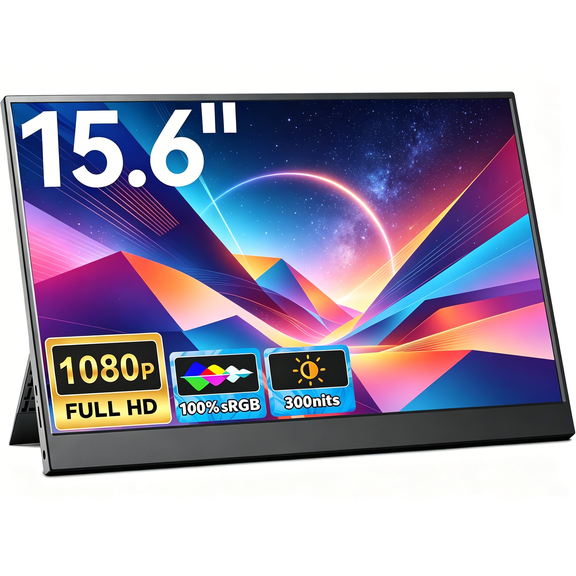 Portable Monitor 15.6-inch FHD 1080P Ultra-Slim Travel External Monitor HDR IPS Display with Kickstand USB-C HDMI Plug&Play, for Laptop PC Phone Switch Cameras