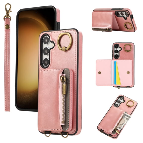 for Samsung Galaxy A14 5G PU Leather Case, Card Slots and Zipper Pocket Kickstand, Classic Protective Shockproof Lightweight Ultra Slim lip Case Finger Ring Wrist Strap for A14 5G, Pink