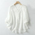 thumbnail image 2 of Solid Color Cotton Linen Blouse for Women V-Neck 3/4 Sleeves Vintage Tops Loose Embroidery Casual Shirts, 2 of 7