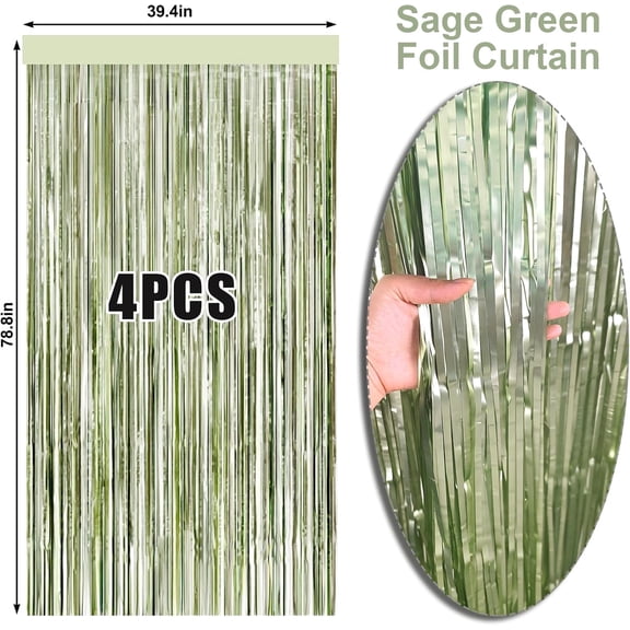 Green Metallic Foil Fringe Curtain Backdrop, 4-pack Tinsel Shimmer Wall Decorations for Birthday Wedding Bridal Shower Bachelorette Party Supplies