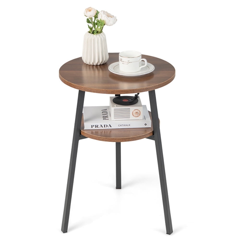 Demi Bonn 2-Tier Round End Table with Open Shelf and Triangular Metal Frame, Sofa Side Table, Bed Side Table, for Living Room, Bedroom, Walnut