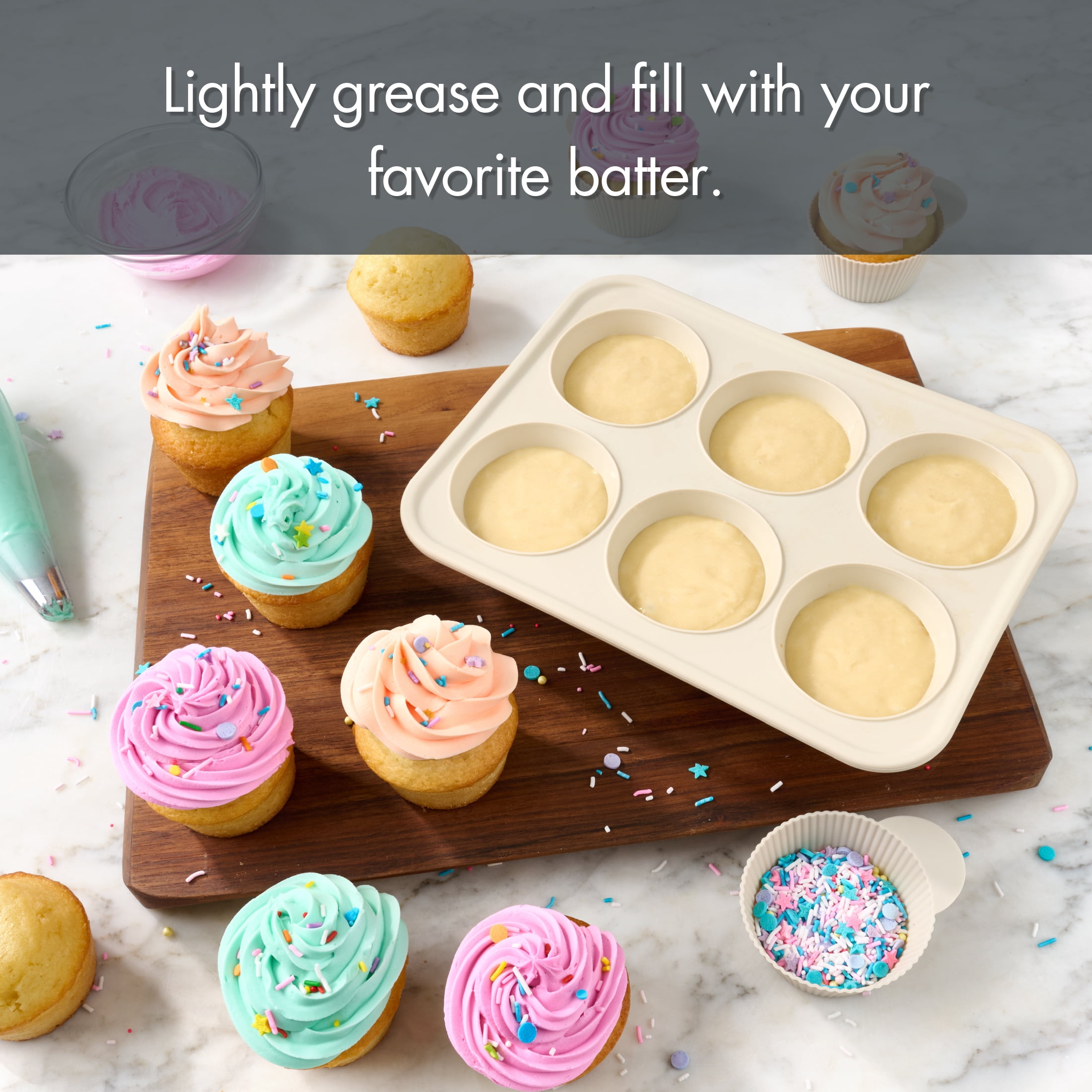 Mainstays 6-Cavity Silicone Cupcake Pan with Reinforced Steel Frame, Papyrus, 9.4 x 7.1 x 1.6 in