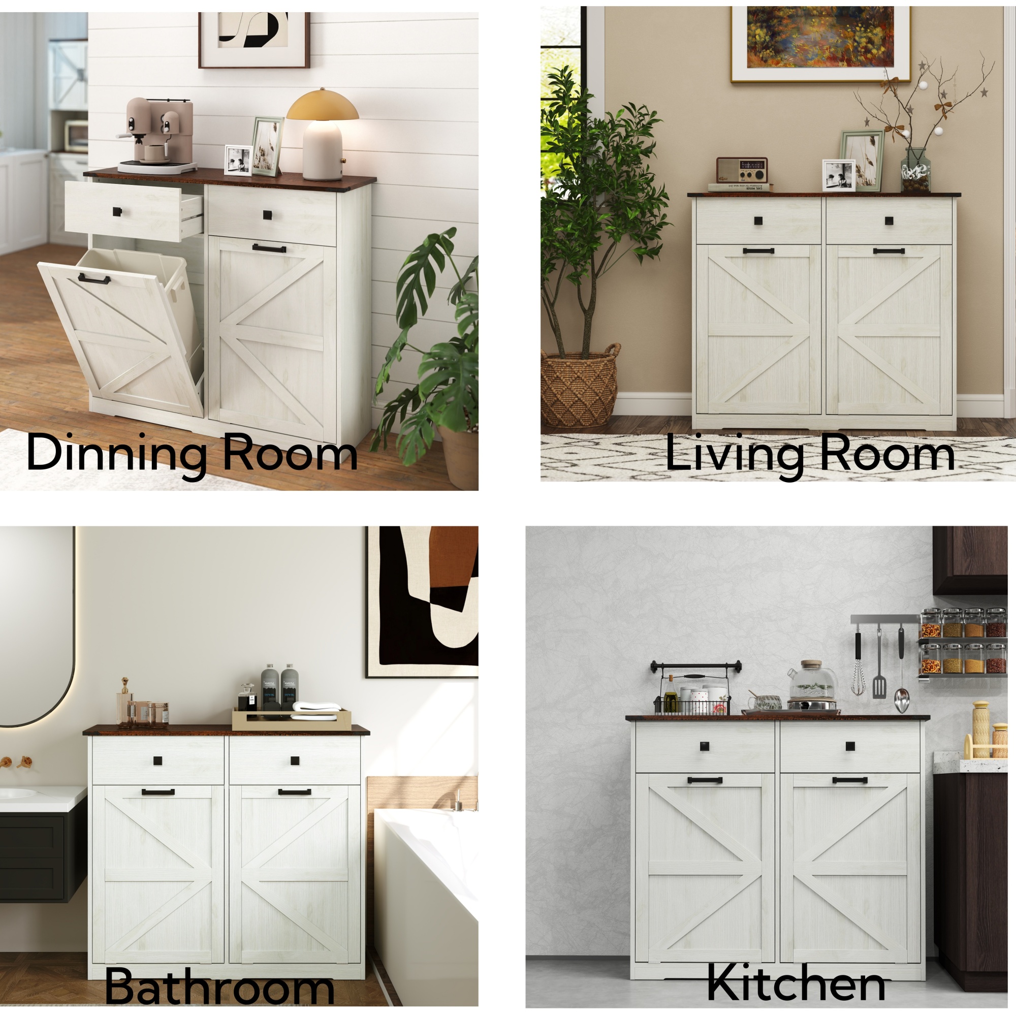Leumius 20 Gallon Farmhouse Double Tilt Out Trash Cabinet, Free Standing Recycling Cabinet with Hideaway Drawer, Barn Door Style Laundry Sorter Cabinet, Tilt Out Trash Cabinet for Kitchen White