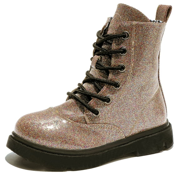 DADAWEN Boys Girls Combat Boots Toddler Ankle Boots Glitter Tan 2 Little Kid