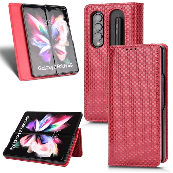 SaniMore for Samsung Galaxy Z Fold 3 Magnetic Flip Wallet Folding Case, Soft TPU Internal Case with Card Slot & Multi-Angle Kickstand Pencil Holder Shockproof Protective Case, Winered