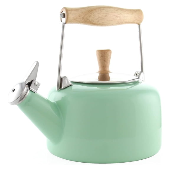 Drevy SVEN Enamel on Steel Whistling Teakettle with Natural Wood handle, 1.4 quarts (Mint Green)
