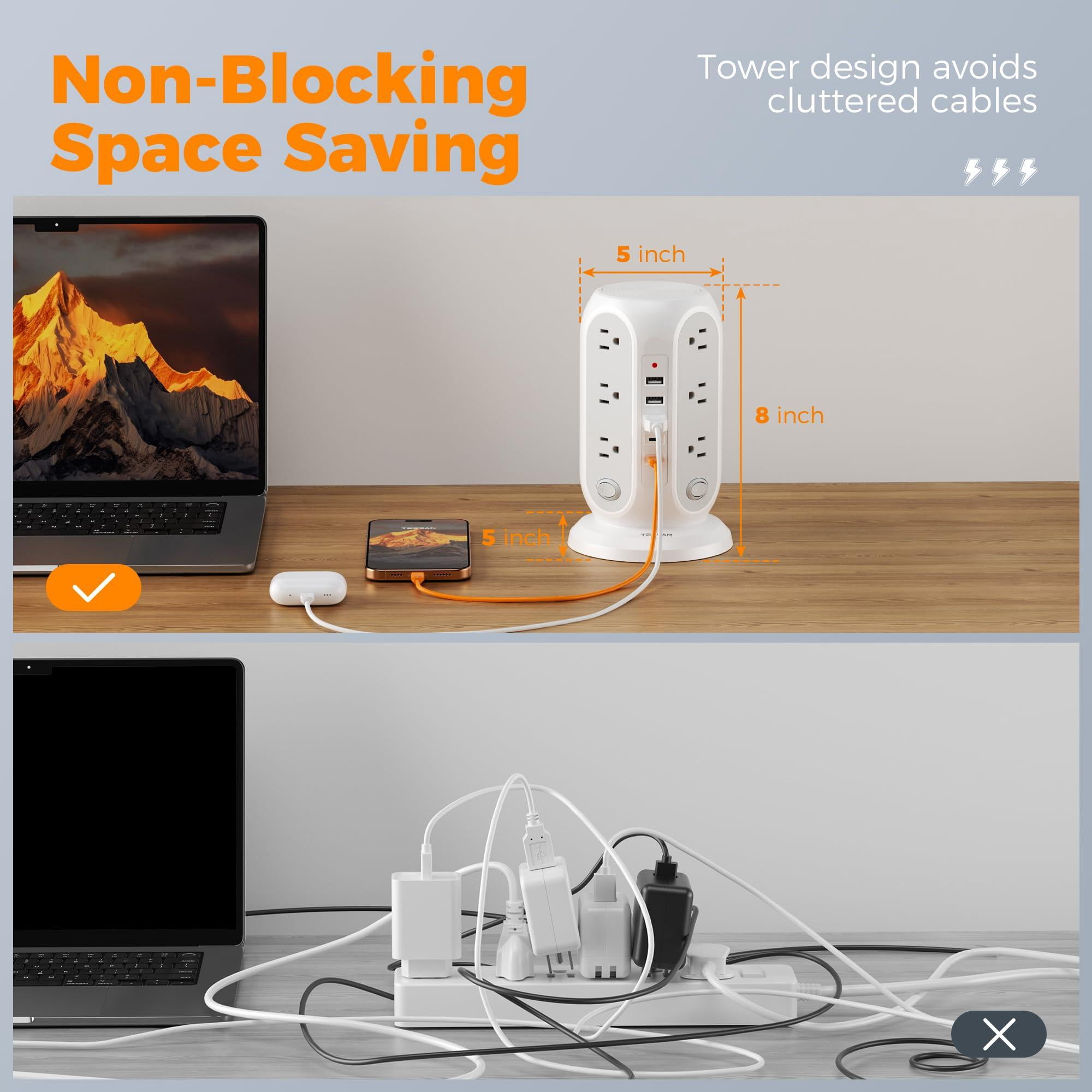 Tower Power Strip With Individual Switches  Surge Protector 12 Outlets 5 Usb Ports(2 C) Flat Extension Cord 10 Ft 1250w Charging Station For Multiple Devices Office Dorm Grey
