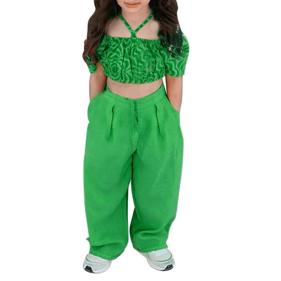 Fsqjgq 6T Girls Clothes Cute Girls Clothes Child Outfits Kids' Halter Neck One Shoulder Pleated Puffed Sleeve Trousers Straight Leg Trouser Set Clothing Sets Baby Girl Outfit Set Kids Sets Size 110