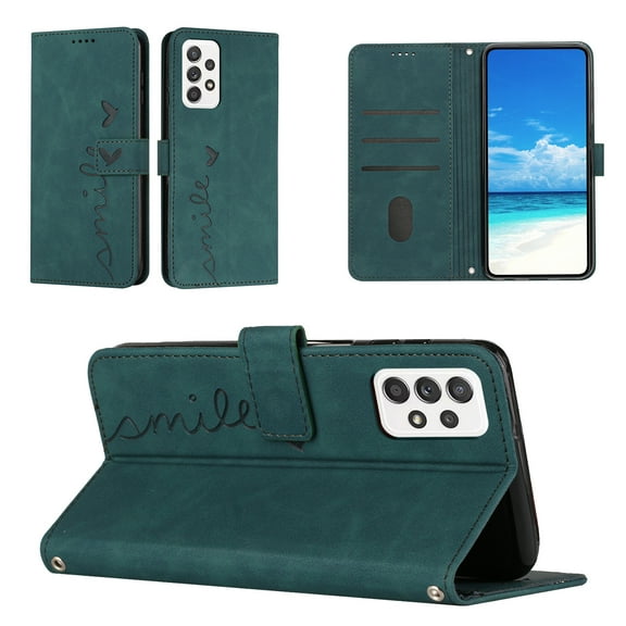 For Samsung Galaxy A52 Wallet Cover, PU Leather Kickstand Credit Card Pocket Slots Wrist Strap Magnetic Folio Heart Patterned Embossed Flip Cover for Samsung Galaxy A52 5G/4G, Green