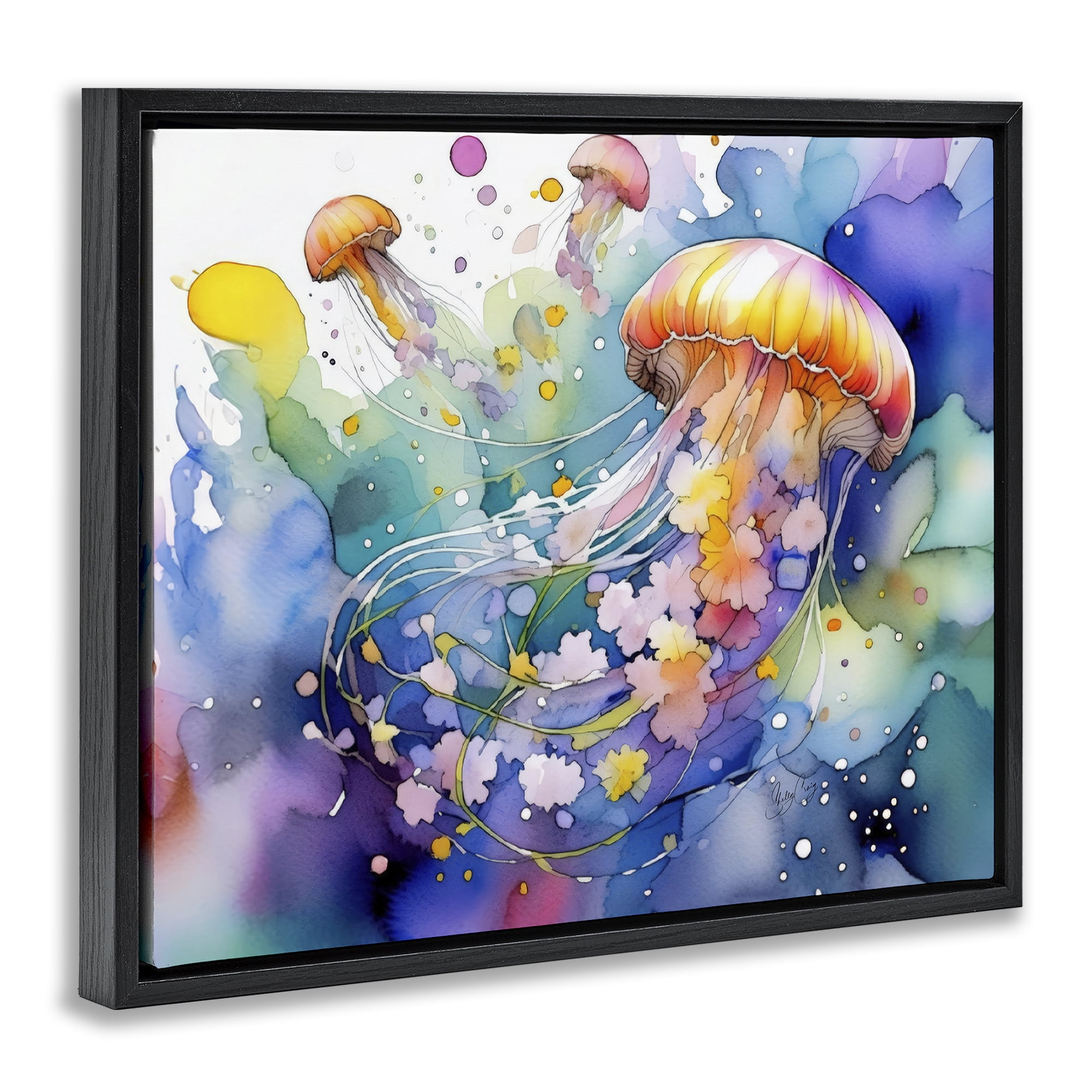 Stupell Industries Neon Jellyfish Underwater Black Framed Floater Canvas Wall Art, design by Shelly Craig