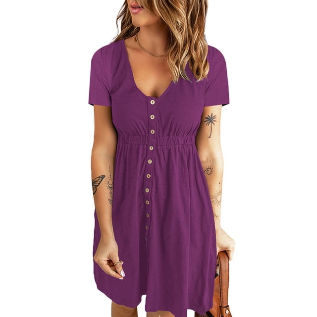 Gspmoly Robes Décontractées pour Femmes, Robe Décontractée de Mode pour Femmes Confortable Unie à Manches Courtes, Col Rond, Boutonnée, Longueur Genou, Robes d'Été pour Femmes Articles en Liquidation