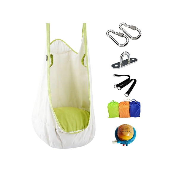 Kids & Adults Hanging Pod Swing Chair, 1PC Portable Hammock Swing with Full Installation Kit, Indoor Outdoor Backyard Swing Seat, White & Green