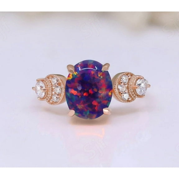 Oval Black Opal Gemstone Engagement Ring Vintage Art deco Bridal Moissanite Ring 14K Rose Gold 925 Silver Ring Promise Ring For Love