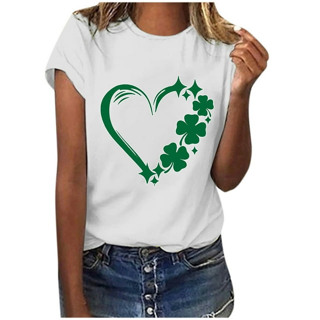 Mode Femme T-Shirt à Manches Courtes Col Rond Imprimé Cœur pour la Saint-Patrick Décontracté Ample
